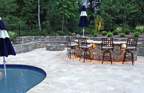 Curved Bar with Umbrella Holders, Patio and Landscape by New View