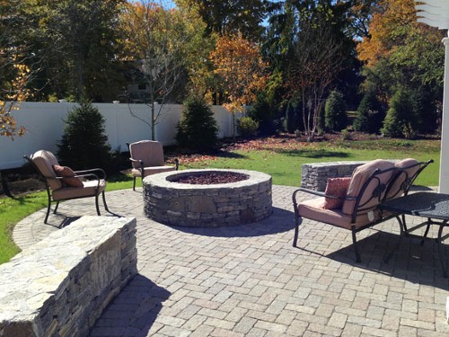 Fire Pit with Sitting Wall, Patio and Landscape by New View