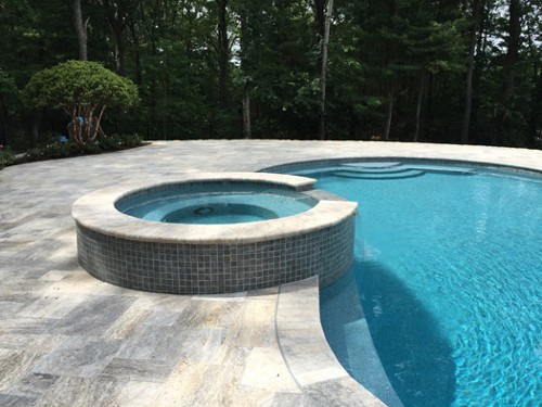 Spa with Mosaic Tile, Travertine Patio and Free Form Pool Design by New View