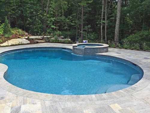 Kidney Shaped Pool with Tile Faced Spa and Travertine Deck by New View