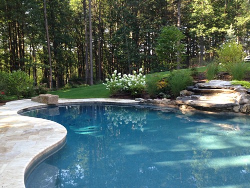 Free Form Pool, Diving Rock, Waterfall and Landscape design and Construction by New View