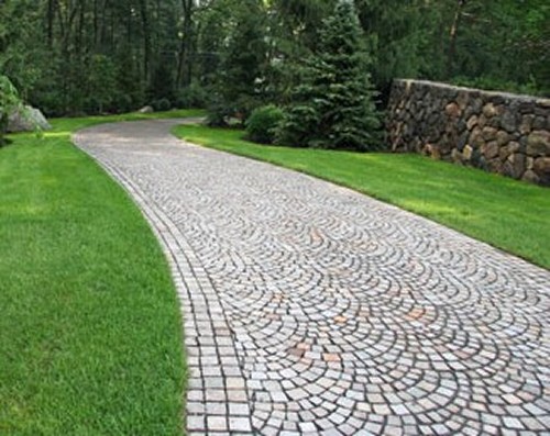 Cobblestone Driveway with Stone Walls& Privacy Tree Planting by New View