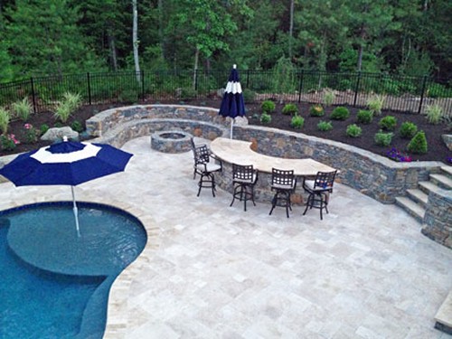 Fire Pit with Sitting Wall, Stone Bar and Pool with Wading Shelf by New View