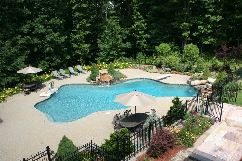Free Form Sunken Pool with Double Waterfalls Design and Construction by New View